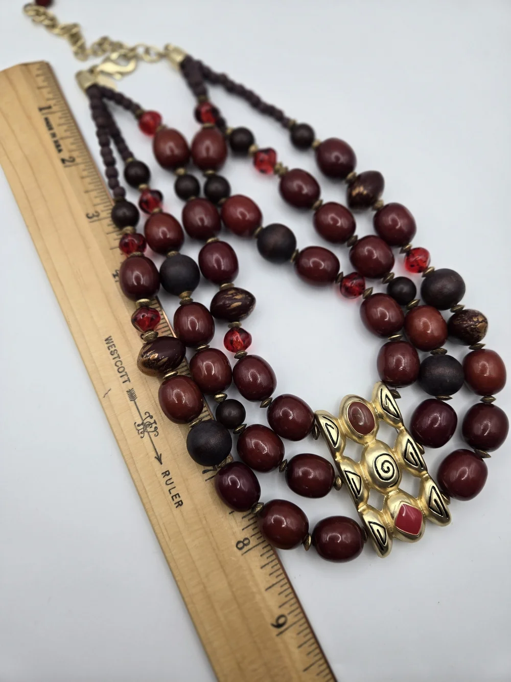 Chico's MultiStrand Burgundy Red Gold Statement Necklace Tribal Focal Chunky Bib